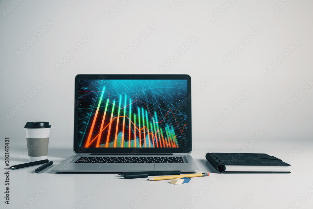Poster laptop closeup with forex graph on computer screen. financial trading and education concept. 3d rend