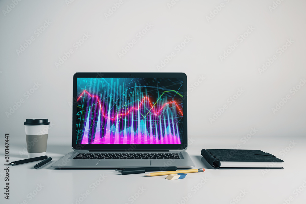 Aufkleber laptop closeup with forex graph on computer screen. financial trading and education concept. 3d rend