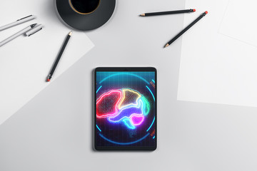 Digital tablet closeup with brain drawing on screen. Data technology concept. 3d rendering.
