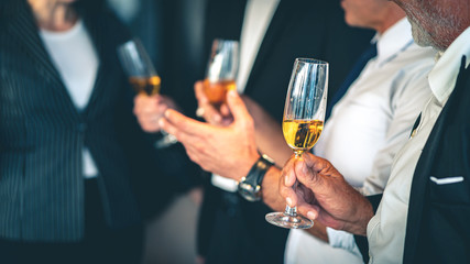 Group of business people holding champagne glasses during a party.