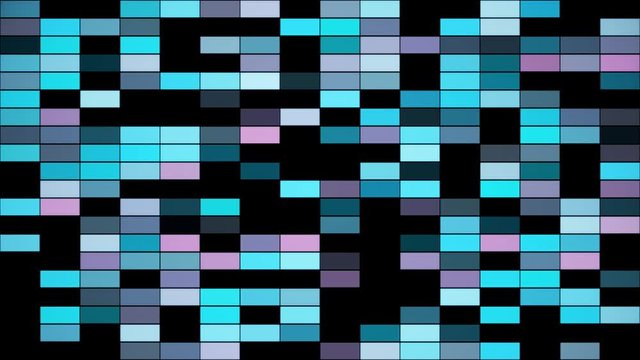 Colorful abstract horizontal square pattern, seamless loop motion graphic background. Animation. Blue, black, and purple blinking mosaic tiles.