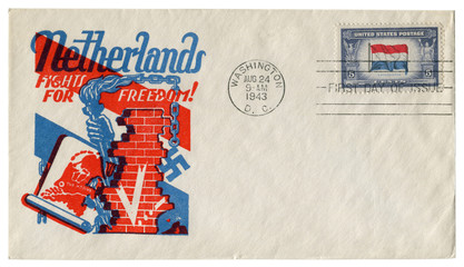 Washington, D.C., The USA - 24 August 1943: US historical envelope: cover with a patriotic cachet Netherlands fight for freedom. Broken chains with the Nazi swastika, postage stamp with flag