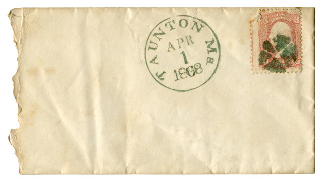 Taunton, Massachusetts, The USA  - 1 April 1868: US historical envelope: cover with red-brown postage stamp, three cents George Washington, Fancy cancel
