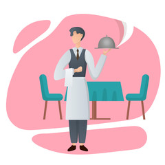 The waiter holds a tray. Vector flat design illustration isolated on background.