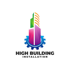 High Building Installation with Gear Logo Vector Icon Illustration