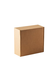 Kraft cardboard square closed box top view. The box is carved on a white background.