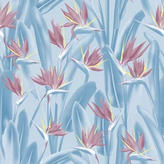 Tapeten Paradiesvogel tropischer Blumenvektor nahtloses Muster. Dschungelpflanzenparadies tropisches Sommerstoffdesign. Südafrikanische Pflanze tropische Blüte der Kranichblume, Strelitzia. Blumentapete. © SunwArt