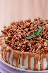 Vegan salted caramel cake decorated with popcorn and mint on light wooden background.