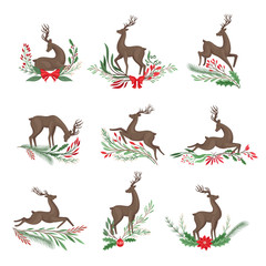 Deer in Different Poses with Holiday Twigs and Branches