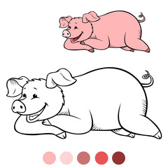 Color me: Funny cute pig lies and smiles.