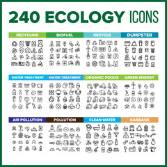 Ecology Icon Thin Line Big Set Vector. Ecology Symbol Package Bundle. Isolated Sign For Web Design Illustrations