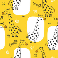 Giraffes, english text, hand drawn backdrop. Colorful seamless pattern with animals. Decorative cute wallpaper, good for printing. Overlapping background vector. Design illustration