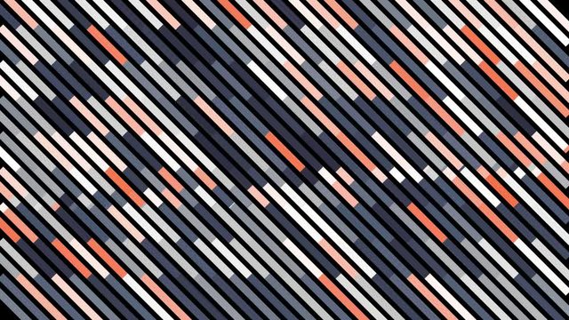 Abstract diagonal rows of narrow lines with white light impulse moving along them. Animation. Colorful stripes devided into segments on black background.