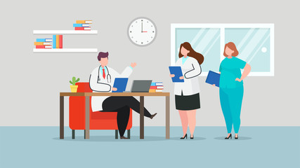 Doctors discussing in hospital room, vector flat illustration