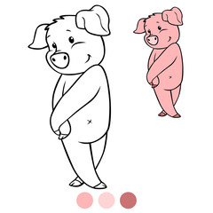 Color me: Little cute shy piglet stands and smiles.