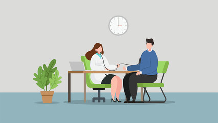 Woman doctor checking patients, vector flat illustration