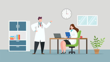 Doctors discussing in hospital room, vector flat illustration