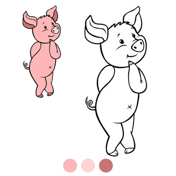 Color me: Little cute curious piglet stands and smiles.