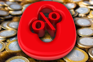Red zero percentage and Russian coins. Red zero percentage symbol on the background of Russian coins. 3D Illustration