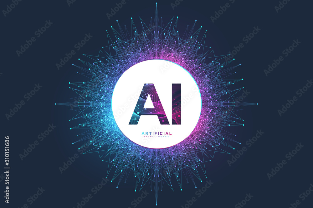 Aufkleber Artificial Intelligence Logo. Artificial Intelligence and Machine Learning Concept. Vector symbol AI. Neural networks and another modern technologies concepts. Quantum computer technology concept.