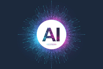 Artificial Intelligence Logo. Artificial Intelligence and Machine Learning Concept. Vector symbol AI. Neural networks and another modern technologies concepts. Quantum computer technology concept.