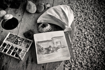 Black and White Beach Water Color Painting