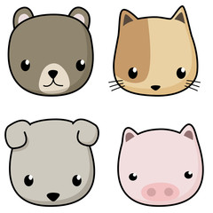 vector set of cute animal cartoon character. bear , cat , dog and pig cartoon face isolated on white background