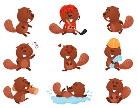 Cute Funny Beaver Character in Different Actions Vector Set