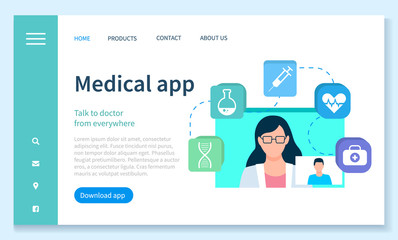 Medical app for treatment talk to doctor from anywhere. Healthcare technology for wireless device and consultation with nurse online. Website or landing page template, web page flat style vector