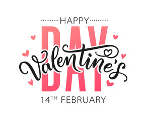 Obraz premium Happy Valentines Day greeting card. Hand drawn text lettering for Valentines Day with hearts. Calligraphic design for print cards, banner, poster. Vector illustration isolated on white background.