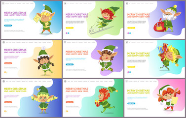 Merry christmas greetings, elves xmas characters with gifts and presents for celebration. Winter personages wearing green costumes. Boys and girls. Website or webpage template, landing page flat style