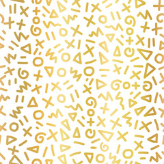 Geometric gold foil seamless vector pattern. Hand drawn golden doodle shapes circle triangle scribble repeating background. Golden metallic elegant texture on white backdrop. For festive decor, cards