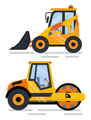 Equipment helping in construction and building vector. Isolated machine bulldozer and truck, assistance in work. Automated system cars set flat style