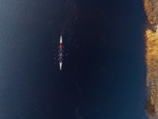 Quadruple practicing, Aerial drone top view, Corrib river, Galway city, Ireland. Concept outdoor activity, sport, adventure © mark_gusev