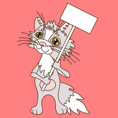 cool cat stands and holds in his hands a tablet on a stick, vector color clip art on isolated background
