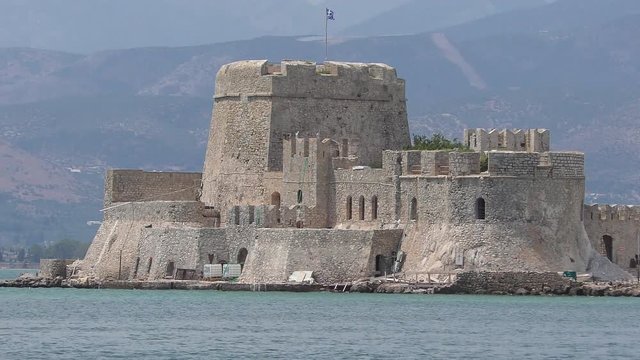 Bourtzi Fortress at Sunset, a prison in the sea in front of Nafplio town ,the first capital of Greece