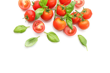 Red ripe cherry tomatoes isolated on white background. Top view