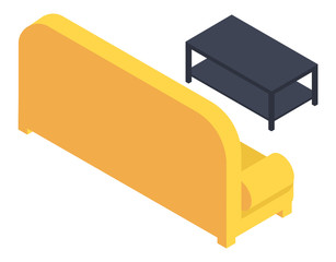 Home furniture, living room interior, couch and coffee table vector. Sofa with yellow upholstery and wooden floor shelves, house inner design elements. Soft seat back view and dwelling decor
