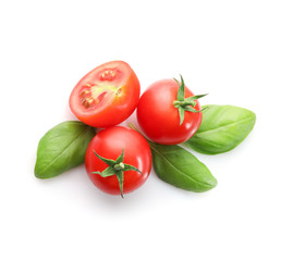 Ripe red cherry tomatos isolated on white background. Top view