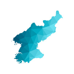 Vector isolated illustration icon with simplified blue silhouette of North Korea map. Polygonal geometric style, triangular shapes. White background