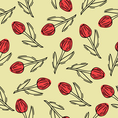 Seamless background with hand-drawn floral pattern. Tulips. It can be used for decoration of textile, paper and other surfaces. 