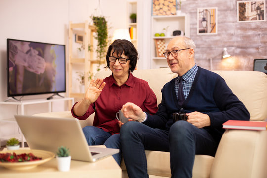Elderly old couple using modern laptop to chat with their grandson