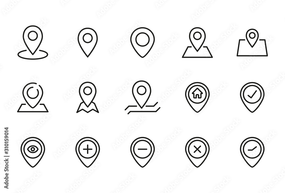 Poster stroke line icons set of map pin.