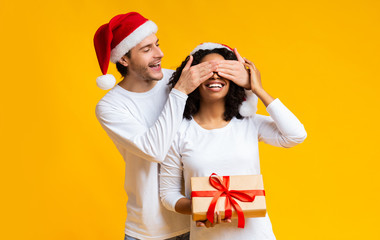 Guy Making Surprise For Girlfriend And Giving Christmas Present