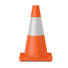Orange realistic road plastic white striped shiny cone.