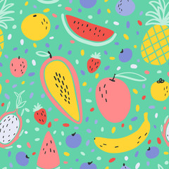 Vector tropical fruit background with durian, pineapple, mango, watermelon, dragon fruit, Pitaya, banana, papaya. Summer exotic fruit seamless pattern on stripes