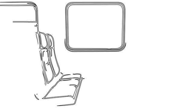 Self drawing line art sketch of train inside car. Railroad trip, travel concept. Copy space. Animation. Light yellow background.
