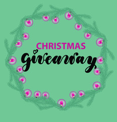Giveaway poster with red christmas garland and evergreen treee. Gift offer banner, giveaways post and gifts prize flyer. Quiz posters, contest announcement or media event post illustration