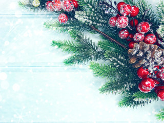 winter background with fir branches cones and snow