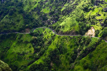 Fototapeta na wymiar Curved mountain road with small cars and bus from aerail view. Bright green colored grass on rocky mountains. Fresh colored landscape. Great bright detailed travel nature wallpaper. Ella, Sri Lanka